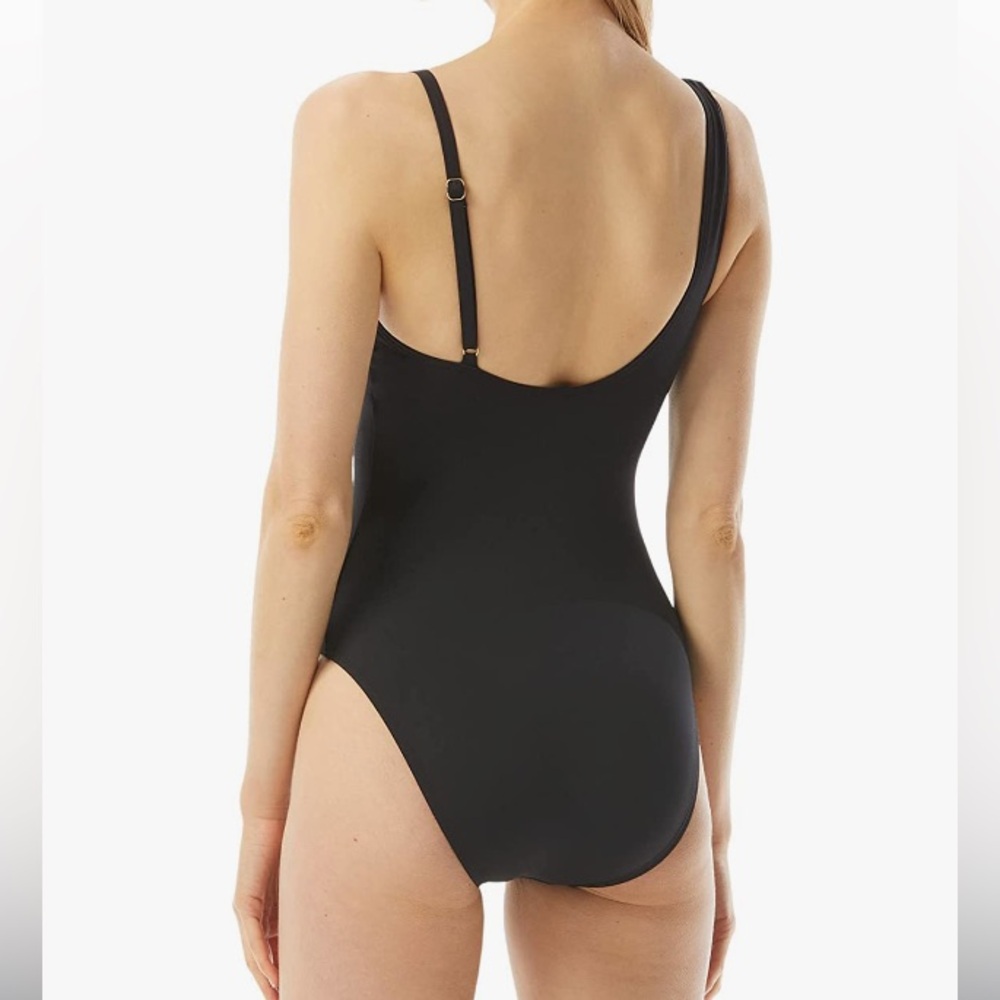 NWT Michael Kors Signature Solid Logo Chain Scoop Neck Swimsuit, Black sz 14 - Picture 2 of 10